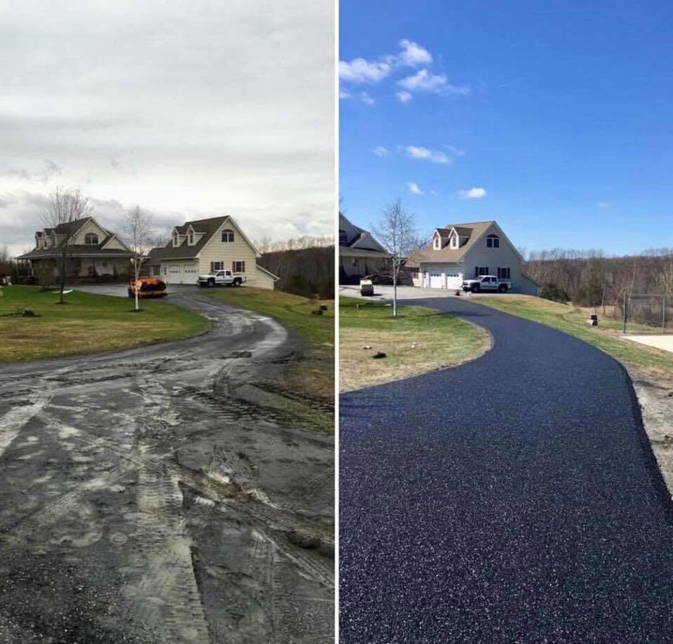 Before and after views of an asphalt driveway resurfacing project